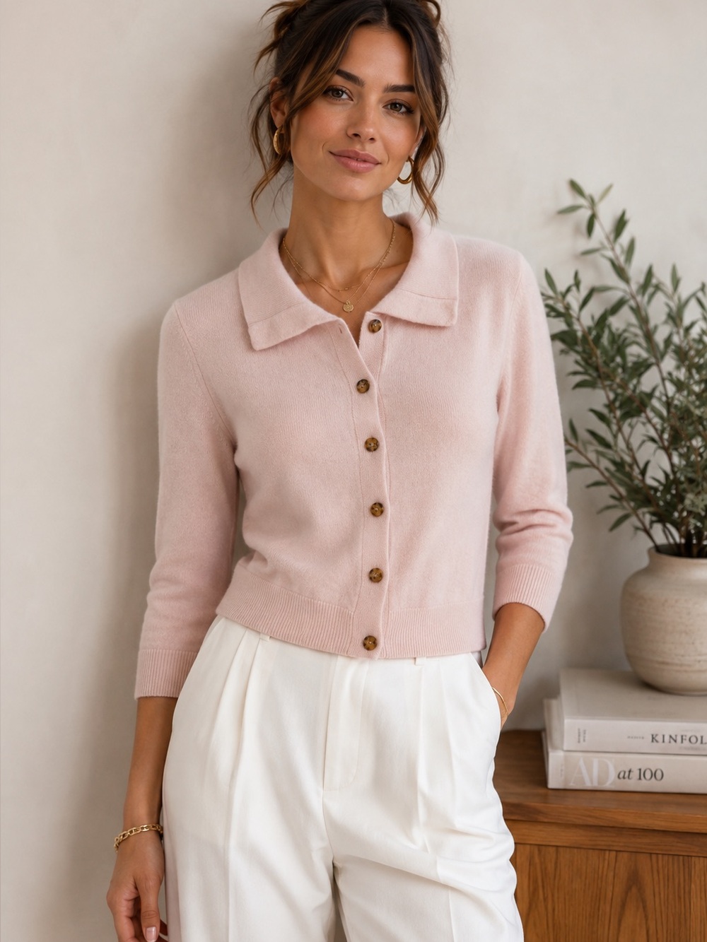 Free People Starlet Pink 100% Cashmere Collared Button Front Cardigan Sweater L